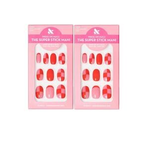 2 Pack Olive & June Super Stick Mani Press-On Fake Nails Pink Checker Party 32ea